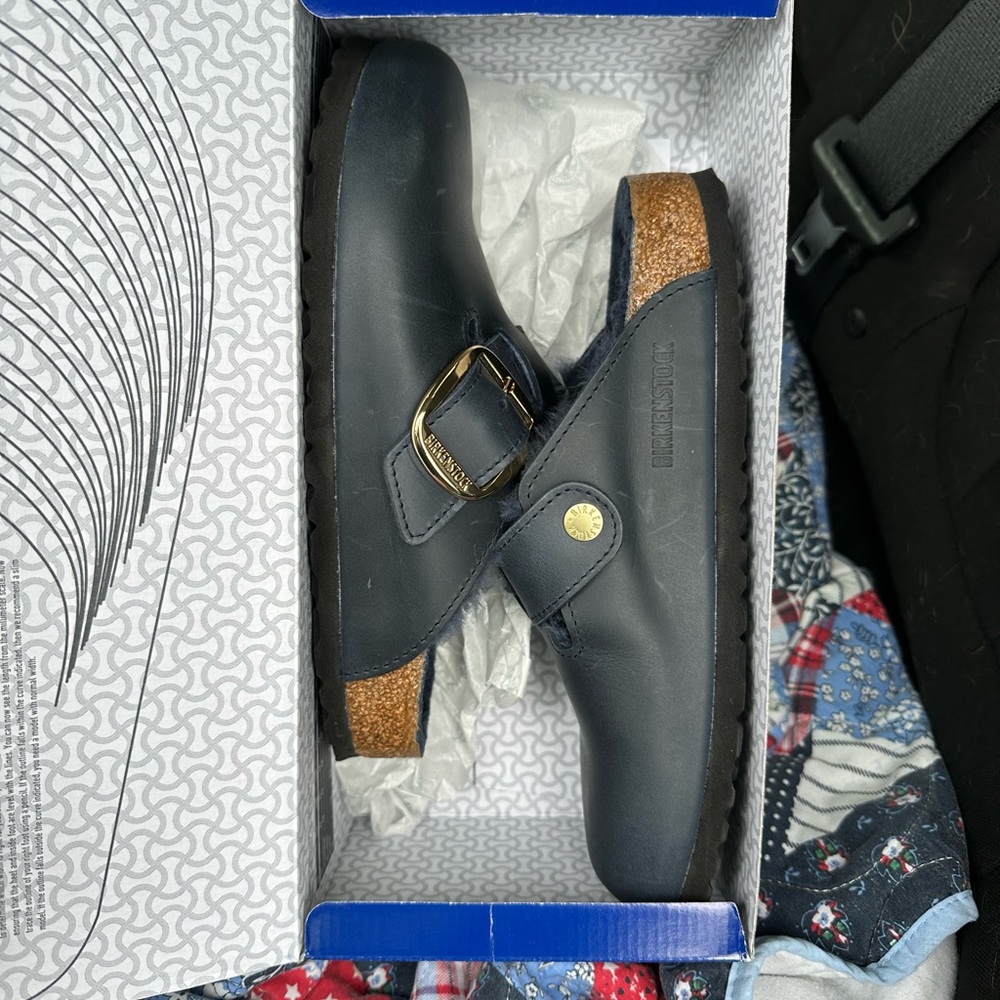 Birkenstock Blue Leather Clog with Gold Buckle -